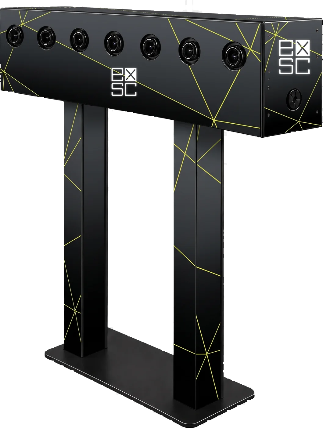 Array multi-camera gantry with seven camera lenses across the top beam, shown in a Experiential Supply Co custom wrap