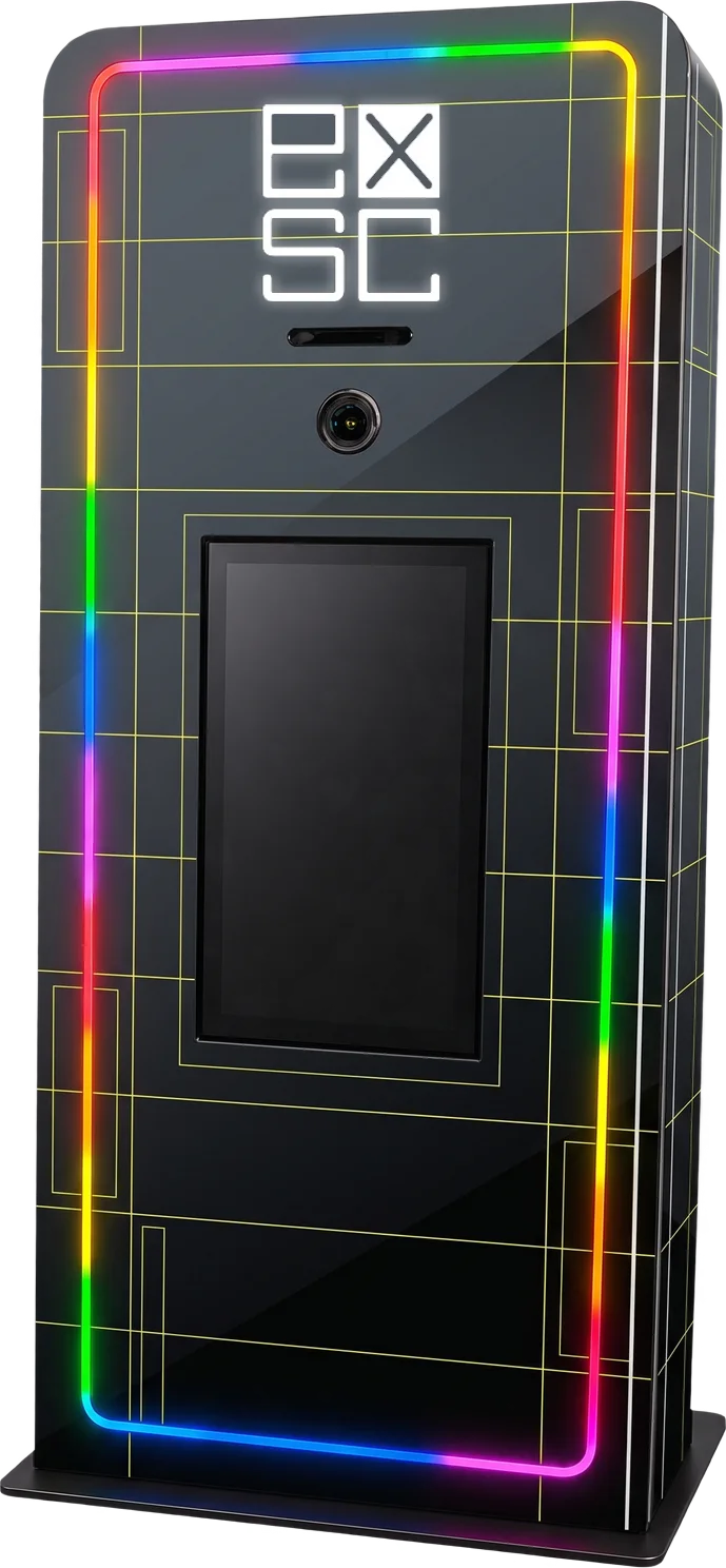 Elevated Kiosk with LED edge lighting, large touch screen, and integrated printer, shown in a Experiential Supply Co custom wrap