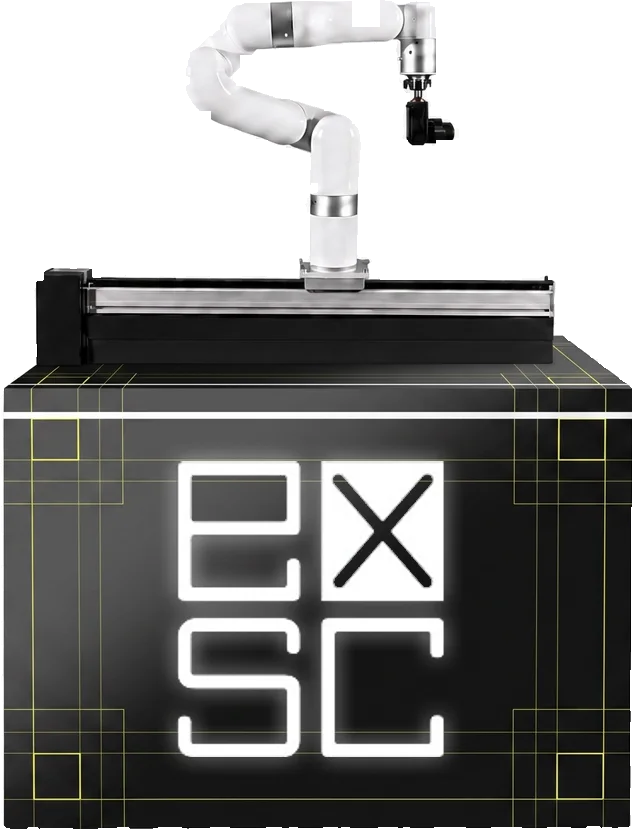 Robotic camera arm mounted on a rail atop a branded base cabinet, shown in a Experiential Supply Co custom wrap